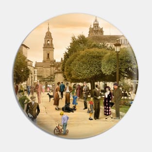 Strolling through the Plaza Mayor of Lugo (Spain), 1934 Pin