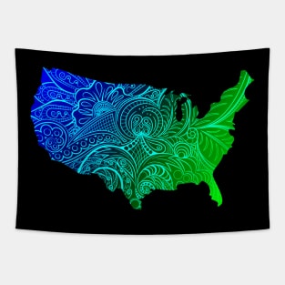 Colorful mandala art map of the United States of America in dark blue and green with cyan Tapestry