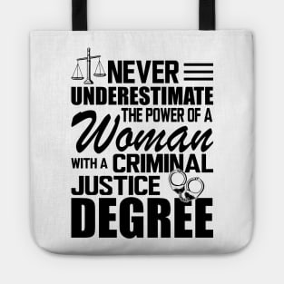 Criminal Justice - Never underestimate the power of a woman with a criminal justice degree Tote