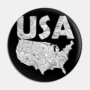 Mandala art map of the United States of America with text in white Pin