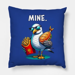 'Mine.' Saying | Funny Seagull with Fries and Fish Sandwich Pillow