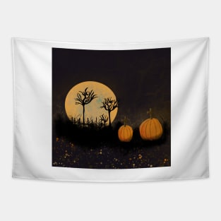 Pumpkins in a graveyard with full moon Tapestry