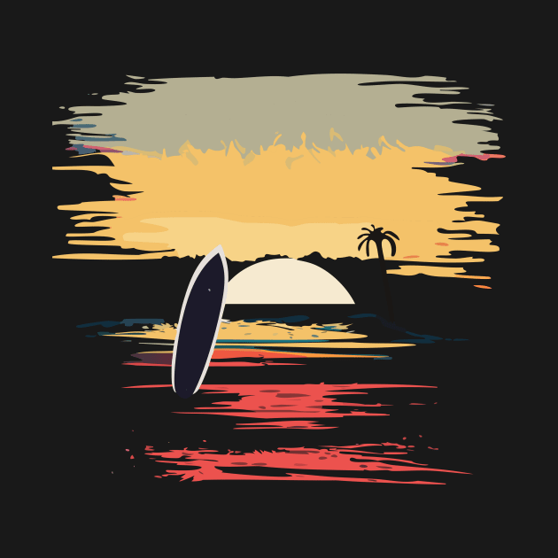 t-shirt design featuring a sunset over the ocean with a surfboard silhouette in the foreground, detailed illustration, and watercolor style. by goingplaces