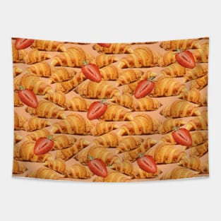Baked Croissant with Strawberries Seamless Pattern on Beige background Tapestry