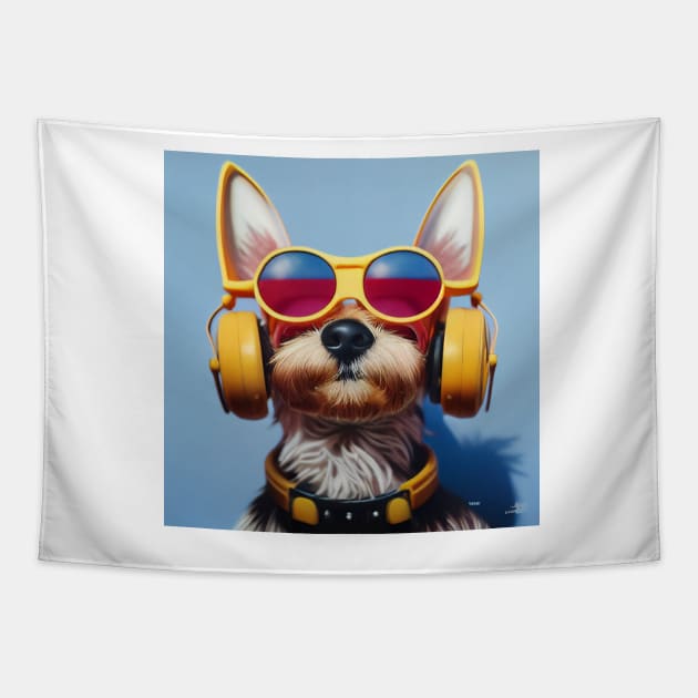 Yorkie Terrier Wearing Yellow Glasses and Headphones Tapestry by Studiowatermars