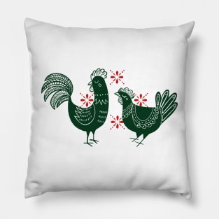 Chickens and Rooster - Green and Red Pillow