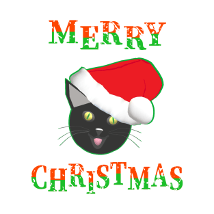 Merry Christmas Smiling Cat Wearing a Santa Claus Hat (White Background) T-Shirt