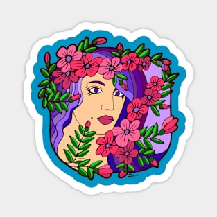 Woman with Purple Hair and a Garland of Pink Flowers Magnet