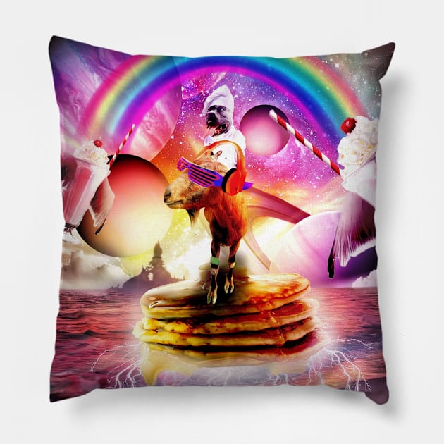 Cook Dog Riding Fashionable Goat on top of Pancakes Pillow by Random Galaxy