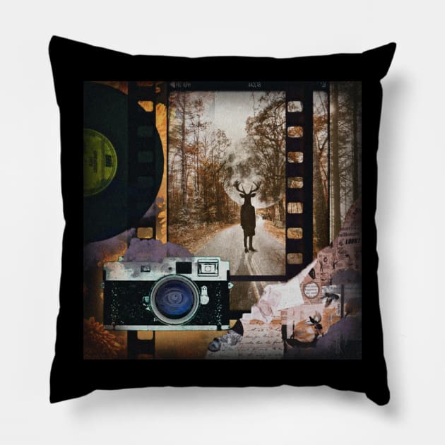 Horror movie vintage retro aesthetic cottagecore surrealism landscape nature fantastic fantasy Halloween deer orange camera creepy spooky vinyl music Pillow by AGRHouse