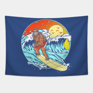 Surfing Bigfoot Funny Beach Sasquatch Surfer Waves Retro 80s Tapestry