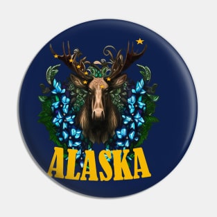 Eight Stars Of Alaska With Moose And Alpine Flowers Pin