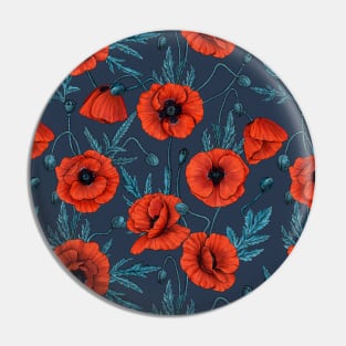 Poppies, red and blue on navy Pin