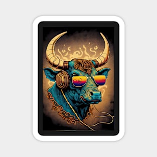 Psychedelic bull with headphones and sunglasses Magnet