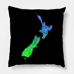 Colorful mandala art map of New Zealand with text in blue and green Pillow