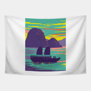 Ha Long Bay or Halong Bay with Junk Boat Vietnam WPA Art Deco Poster Tapestry