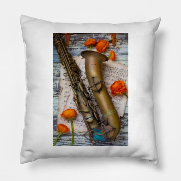 Old Sax And Ranunculus Pillow by photogarry