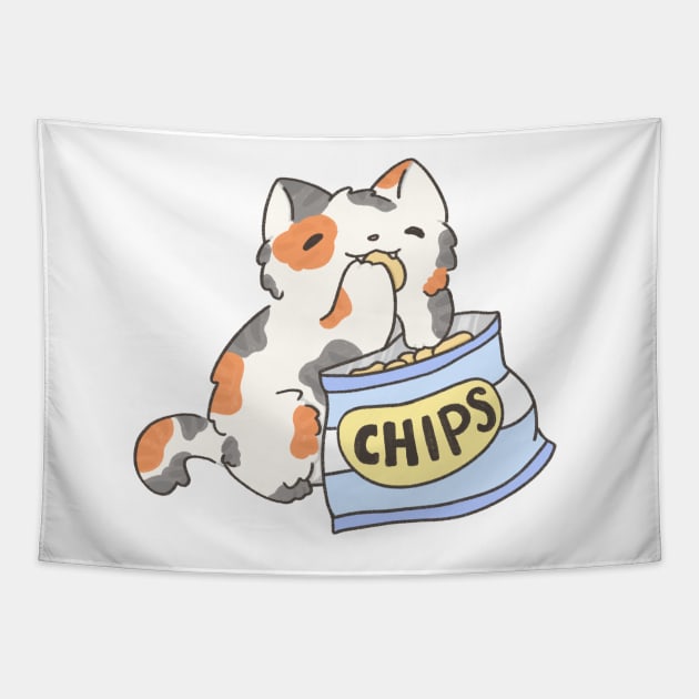 Calico snacking on chips Tapestry by IcyBubblegum