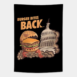 Burger Bites Back Funny Halloween Design (Light, Yellow Text) Tapestry