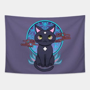 Cute anime black cat illustration with white stars. Cyberpunk manga cat. Tapestry