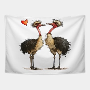 Valentine Cartoon Ostrich Couple Tapestry