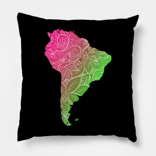 Colorful mandala art map of South America with text in pink and green Pillow