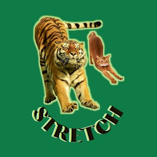 Stretch exercise by a tiger and a cat - black text T-Shirt