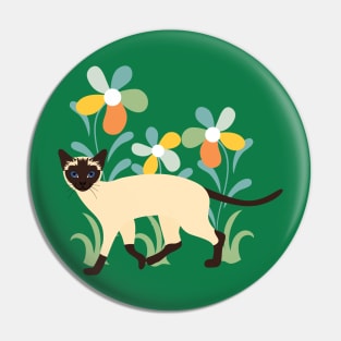 Siamese Cat and Flowers Pin