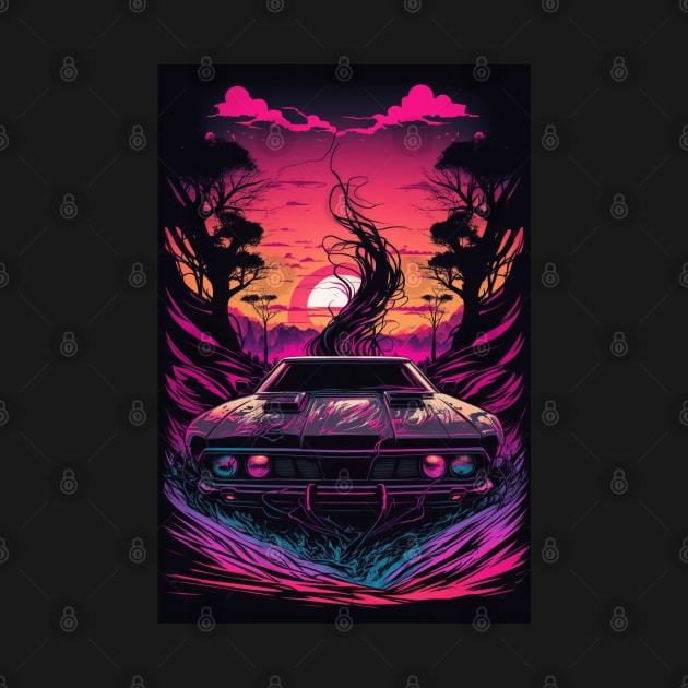 80s Car Driving Away From Tornado And Synthwave Sun by Nightarcade