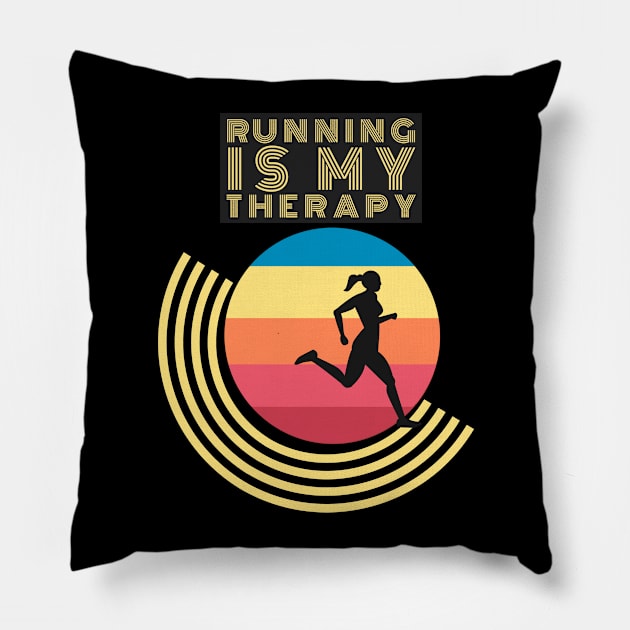 Running Is My Therapy Vintage Retro Motivation Pillow by Dogefellas