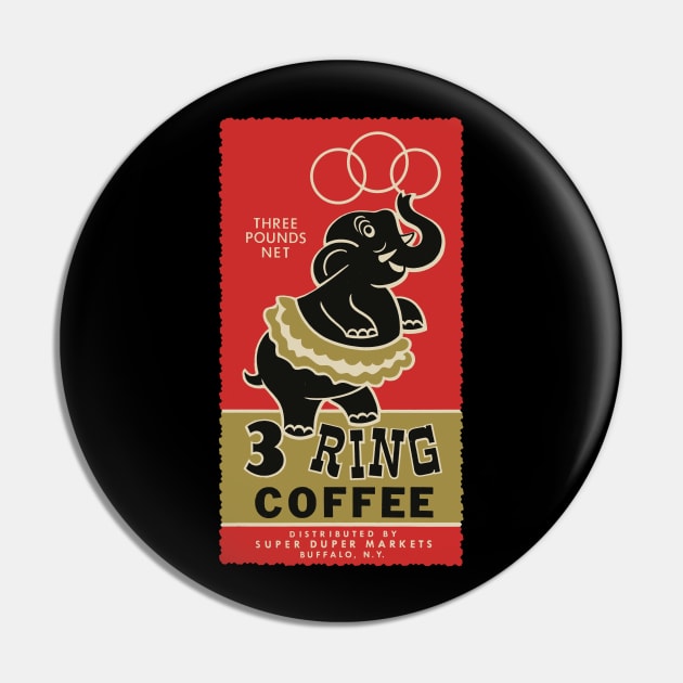 1960s Super Duper Market 3-Ring Coffee Elephant Label Pin by MatchbookGraphics