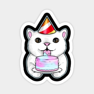 White Cat With Party Hat Licks A Birthday Cake On Purrsday Magnet