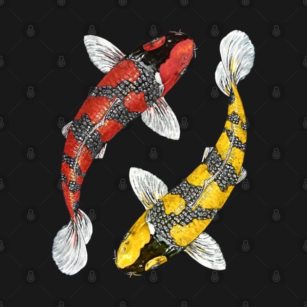 Lucky Jumping YinYang Black Red and Yellow Fish by Koiartsandus