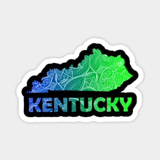 Colorful mandala art map of Kentucky with text in blue and green Magnet