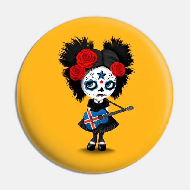 Sugar Skull Girl Playing Icelandic Flag Guitar Pin by jeffbartels