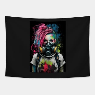 Punk Girl Wearing Gas Mask | Post-apocalyptic | Anarchist Streetwear | Punk Fashion | Colorful Punk Artwork | Tattoos and Piercings | Paint Splash Tapestry
