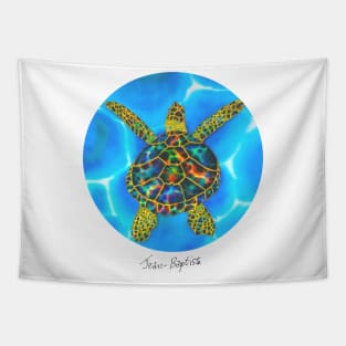 Caribbean unveiled on silk | Black Opal Sea Turtle Tapestry