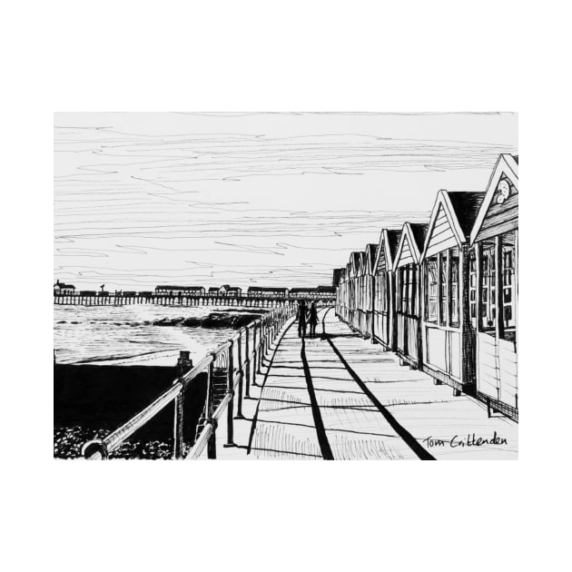 Southwold Beach Huts at Sunset Ink Sketch by TomCrittenden