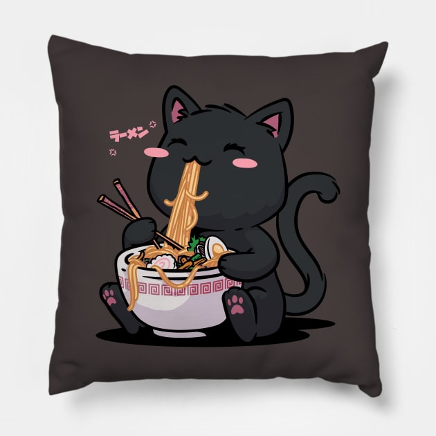 Ramen Cat Kawaii Neko Ramen Bowl Anime Black Cat Pillow by vo_maria