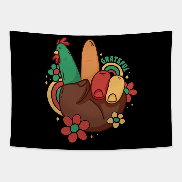 Turkey Peace Hand SIgn Groovy Hippie Thanksgiving Tapestry by Krishnansh W.