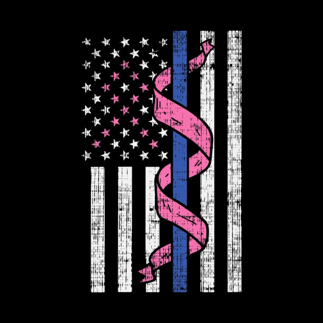 Womens Blue Line Police US Flag Pink Ribbon Breast Cancer Awareness by Fowlerbg