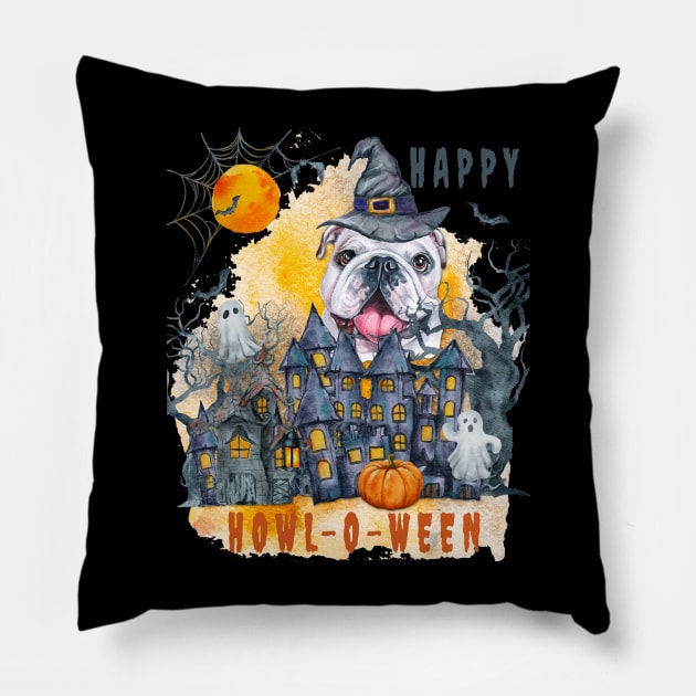 English bulldog Happy Howl-o-ween Ghost Houses Funny Watercolor Pillow by Sniffist Gang