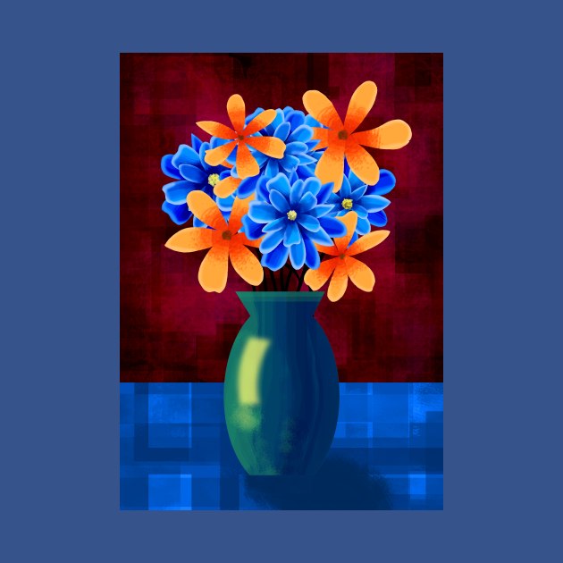 Vase of Blue and Orange Flowers by Scratch