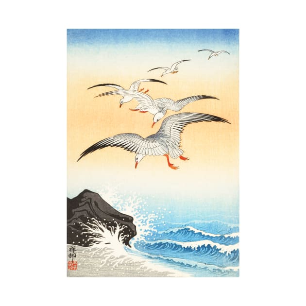 Five seagulls above turbulent sea (1900 - 1930) by Ohara Koson - Original by TEEPHILIC