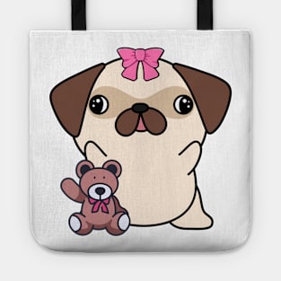 Cute pug holds a teddy bear Tote