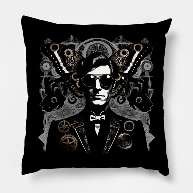 A man in a black suit with steampunk sunglasses and a big moth behind his head Pillow by bmron