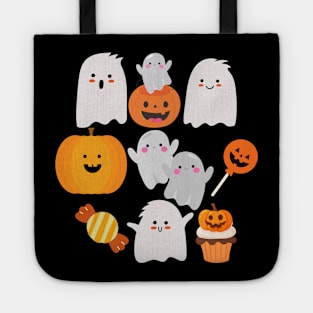 Happy Halloween, cute ghost and pumpkins. Tote