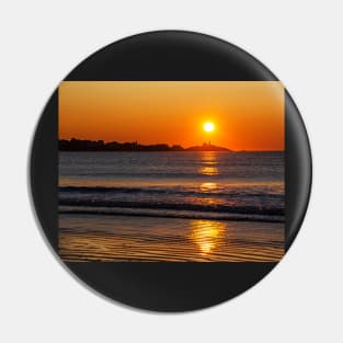 Sunrise over Long Sands Beach and the Nubble Lighthouse York Maine Pin