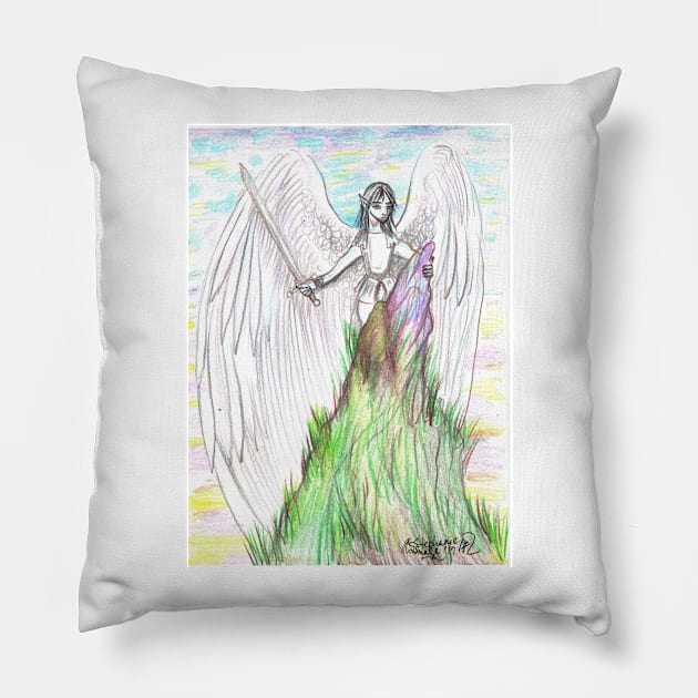 Archangel Angel Winged Man Flying Sword Mountain God Pillow by pegacorna