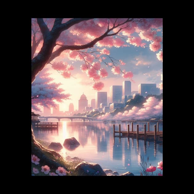 Cherry Blossom and Lake - Anime Drawing by AnimeVision